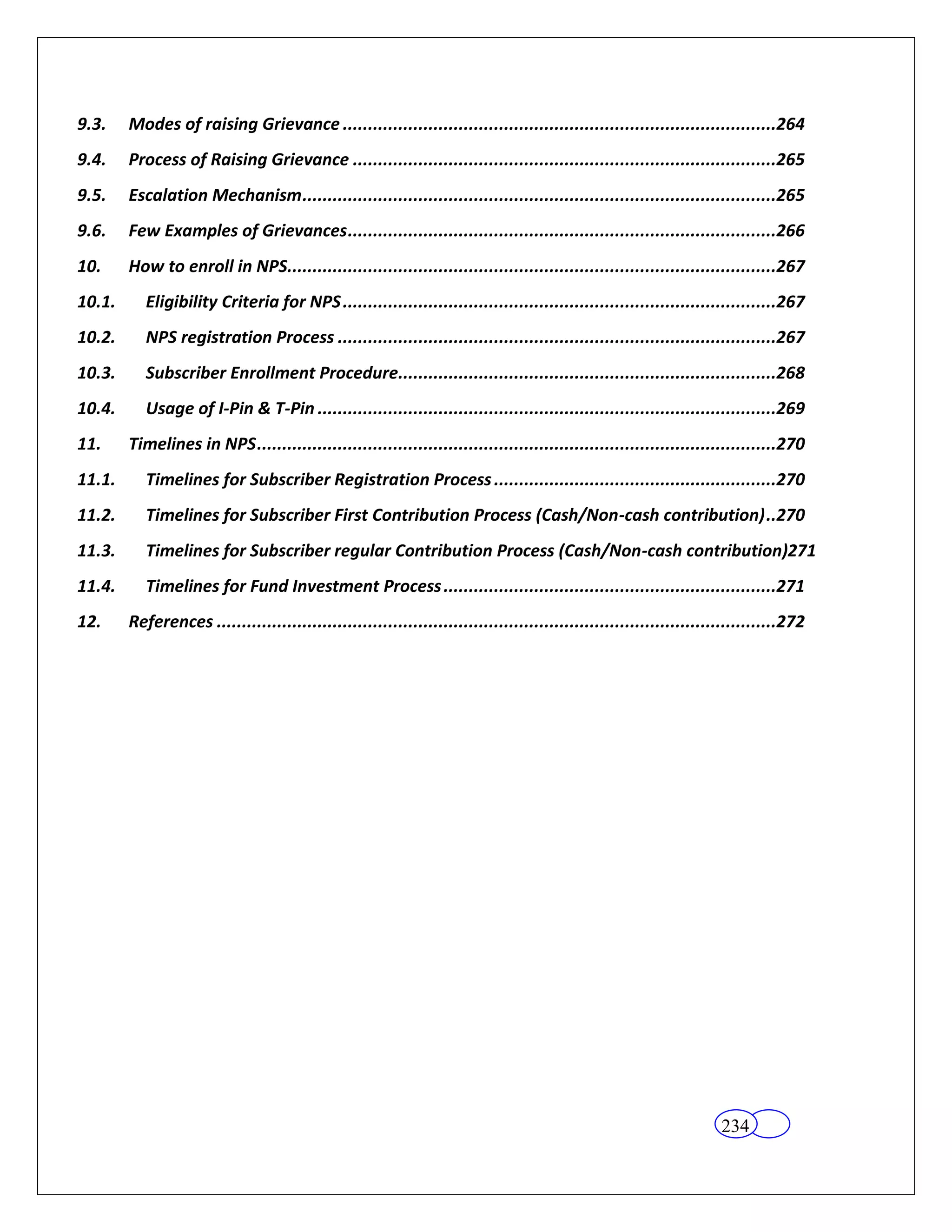 9.3.    Modes of raising Grievance ......................................................................................264
9.4.    Process of Raising Grievance ....................................................................................265
9.5.    Escalation Mechanism ..............................................................................................265
9.6.    Few Examples of Grievances .....................................................................................266
10.     How to enroll in NPS.................................................................................................267
10.1.      Eligibility Criteria for NPS ......................................................................................267
10.2.      NPS registration Process .......................................................................................267
10.3.      Subscriber Enrollment Procedure...........................................................................268
10.4.      Usage of I-Pin & T-Pin ...........................................................................................269
11.     Timelines in NPS .......................................................................................................270
11.1.      Timelines for Subscriber Registration Process ........................................................270
11.2.      Timelines for Subscriber First Contribution Process (Cash/Non-cash contribution) ..270
11.3.      Timelines for Subscriber regular Contribution Process (Cash/Non-cash contribution)271
11.4.      Timelines for Fund Investment Process ..................................................................271
12.     References ...............................................................................................................272




                                                                                                                     234
 