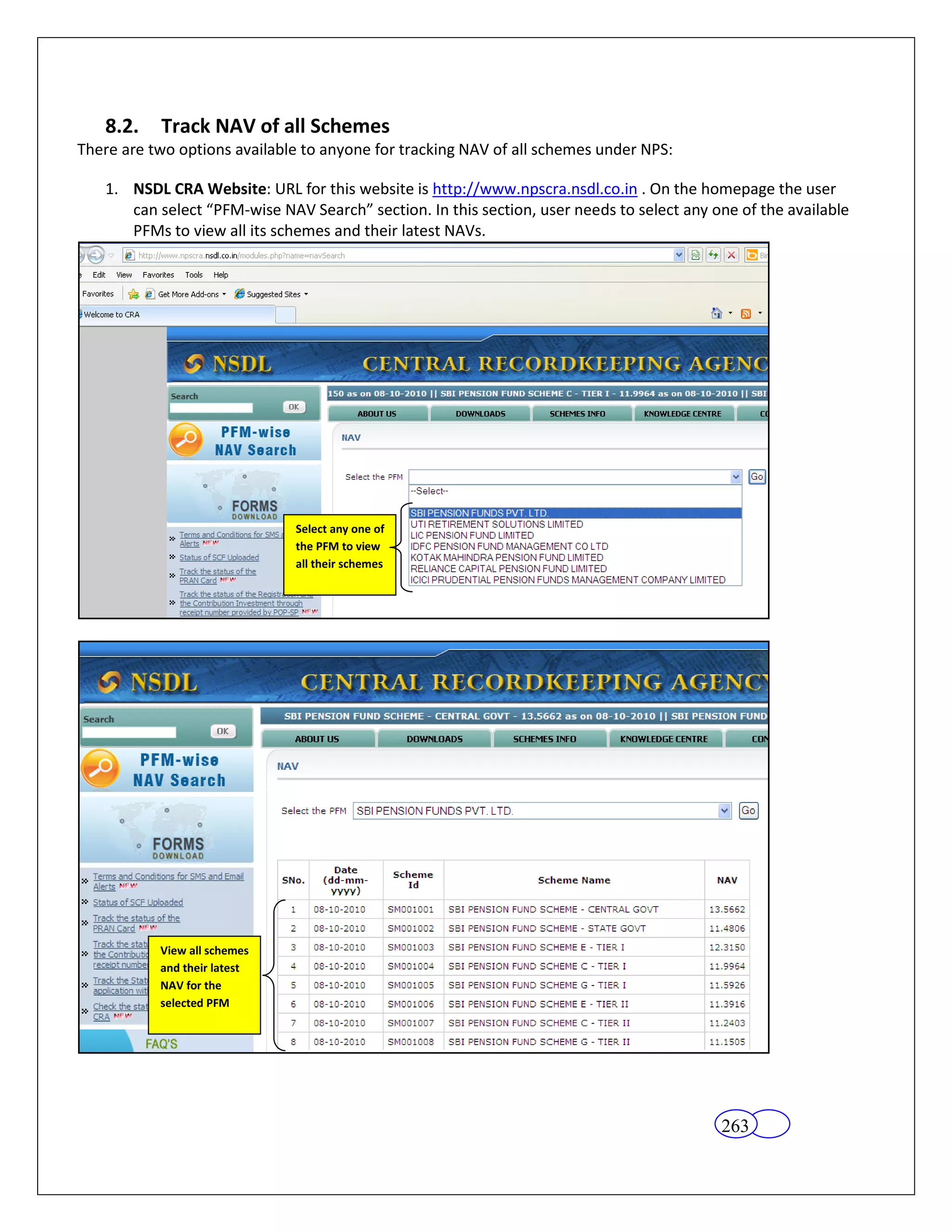 8.2.    Track NAV of all Schemes
There are two options available to anyone for tracking NAV of all schemes under NPS:

   1. NSDL CRA Website: URL for this website is http://www.npscra.nsdl.co.in . On the homepage the user
      can select “PFM-wise NAV Search” section. In this section, user needs to select any one of the available
      PFMs to view all its schemes and their latest NAVs.




                              Select any one of
                              the PFM to view
                              all their schemes




           View all schemes
           and their latest
           NAV for the
           selected PFM




                                                                                           263
 