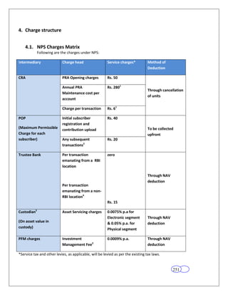 4. Charge structure


    4.1. NPS Charges Matrix
             Following are the charges under NPS:

Intermediary               Charge head                  Service charges*          Method of
                                                                                  Deduction

CRA                        PRA Opening charges          Rs. 50

                           Annual PRA                   Rs. 2801
                                                                                  Through cancellation
                           Maintenance cost per
                                                                                  of units
                           account

                           Charge per transaction       Rs. 61

POP                        Initial subscriber           Rs. 40
                           registration and
(Maximum Permissible                                                              To be collected
                           contribution upload
Charge for each                                                                   upfront
subscriber)                Any subsequent               Rs. 20
                           transactions2

Trustee Bank               Per transaction              zero
                           emanating from a RBI
                           location

                                                                                  Through NAV
                                                                                  deduction
                           Per transaction
                           emanating from a non-
                           RBI location4
                                                        Rs. 15

Custodian5                 Asset Servicing charges      0.0075% p.a for
                                                        Electronic segment        Through NAV
(On asset value in                                      & 0.05% p.a. for          deduction
custody)                                                Physical segment

PFM charges                Investment                   0.0009% p.a.              Through NAV
                           Management Fee3                                        deduction

*Service tax and other levies, as applicable, will be levied as per the existing tax laws.


                                                                                                251
 