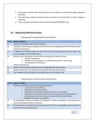 Pension fund maintain their separate accounts and audits are conducted by agency appointed
              by PFRDA.
              The audit agency checks the NAV calculation procedure and computation of other charges on
              subscriber.
              There is periodic reporting and Performance Review by PFRDA/NPS Trust.




    5.2. Measuring PFM Performance

                  Following reports are generated on monthly basis:

S. No   Report / Content
1       Details of the Portfolio Value for each scheme.
2       Calculations of the total percentage return (money and time weighted) on the Portfolio for each
        scheme for the period.
3       A subdivision of Portfolio Value into each type of security showing market value in rupees and
        as a percentage of total Portfolio Value.
4       Details for each investment in the Portfolio including (as per Details column)
                      •    Name of investment,
                      •    Number of units (eg shares = number of shares, bonds = face value);
                      •    Carrying value of investment,
         Market value per unit
5       Details of all transactions effected by the Fund Manager during the period.
6       Amounts received or accrued during the period to which the report relates.
7       The management fee (included in the monthly report at the quarter end)


                  Following reports are generated on quarterly basis:

S. No   Report / Content
1       Overview of portfolio positioning including evaluation of
                     • current economic conditions,
                     • prospects for securities markets,
                     • justification for the positions and transactions in the portfolio,
                     • attribution of performance over last quarter (and year when applicable) on
                         absolute basis as well as relative to the specified market benchmark,
                     • Outlook for returns for the portfolio.
2       All transactions carried out between the schemes, PF and its associates or purchase/sale of
        securities of group companies of sponsor.
3       All transactions in securities by key personnel of PF in their own beneficial interest (either in
        own name or through associates).

                                                                                            255
 