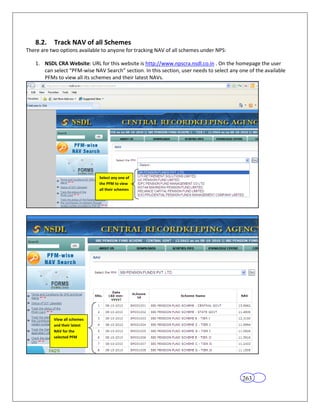 8.2.    Track NAV of all Schemes
There are two options available to anyone for tracking NAV of all schemes under NPS:

   1. NSDL CRA Website: URL for this website is http://www.npscra.nsdl.co.in . On the homepage the user
      can select “PFM-wise NAV Search” section. In this section, user needs to select any one of the available
      PFMs to view all its schemes and their latest NAVs.




                              Select any one of
                              the PFM to view
                              all their schemes




           View all schemes
           and their latest
           NAV for the
           selected PFM




                                                                                           263
 