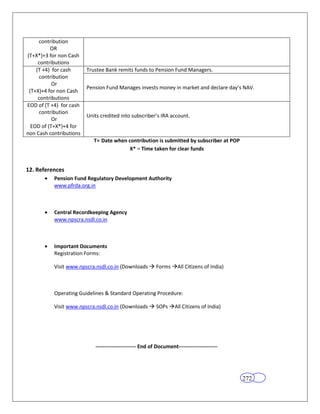 contribution
          OR
(T+X*)+3 for non Cash
     contributions
    (T +4) for cash      Trustee Bank remits funds to Pension Fund Managers.
     contribution
           Or
                         Pension Fund Manages invests money in market and declare day’s NAV.
 (T+X)+4 for non Cash
     contributions
EOD of (T +4) for cash
     contribution
                         Units credited into subscriber’s IRA account.
           Or
  EOD of (T+X*)+4 for
non Cash contributions
                            T= Date when contribution is submitted by subscriber at POP
                                         X* = Time taken for clear funds


12. References
           Pension Fund Regulatory Development Authority
           www.pfrda.org.in



           Central Recordkeeping Agency
           www.npscra.nsdl.co.in



           Important Documents
           Registration Forms:

           Visit www.npscra.nsdl.co.in (Downloads  Forms All Citizens of India)



           Operating Guidelines & Standard Operating Procedure:

           Visit www.npscra.nsdl.co.in (Downloads  SOPs All Citizens of India)




                            ----------------------- End of Document----------------------




                                                                                            272
 