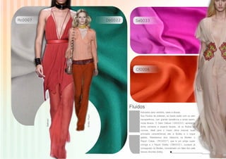 Fluidos
Balmain
EmilioPucci
Rc0007 Db0022
Cf0006
Sa0033
Indicados para vestidos, saias e blusas.
Nos Fluidos de poliester, as bases estão com ou sem
transparência, com grande resistência e ainda assim,
muita leveza. O Satin Deluxe (SA0033) apresenta
ótimo caimento e aspecto lavado. Já os fluídos de
viscose, ideal para o nosso clima tropical, suas
principais características são a fluidez e o toque
gelado. Reeditamos dois clássicos na Marles: o
Rayon Crepe, (RC0007) que é um artigo super
coringa e o Rayon Dobby (DB0022), sucesso já
consagrado na Marles, considerado um falso liso pela
textura discreta dobby.
 