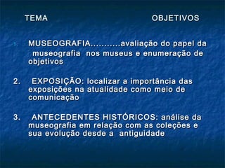 TEMA OBJETIVOSTEMA OBJETIVOS
1.1. MUSEOGRAFIA...........avaliação do papel daMUSEOGRAFIA...........avaliação do papel da
museografia nos museus e enumeração demuseografia nos museus e enumeração de
objetivosobjetivos
2. EXPOSIÇÃO: localizar a importância das2. EXPOSIÇÃO: localizar a importância das
exposições na atualidade como meio deexposições na atualidade como meio de
comunicaçãocomunicação
3. ANTECEDENTES HISTÓRICOS: análise da3. ANTECEDENTES HISTÓRICOS: análise da
museografia em relação com as coleções emuseografia em relação com as coleções e
sua evolução desde a antiguidadesua evolução desde a antiguidade
 