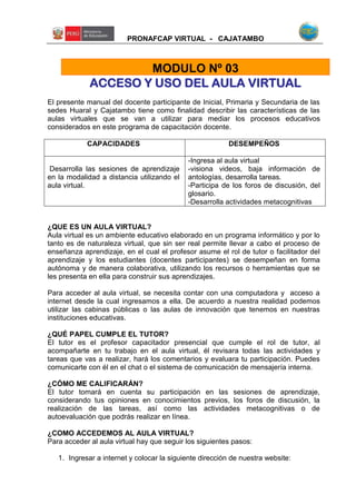 PRONAFCAP VIRTUAL - CAJATAMBO
ACCESO Y USO DEL AULA VIRTUAL
El presente manual del docente participante de Inicial, Primaria y Secundaria de las
sedes Huaral y Cajatambo tiene como finalidad describir las características de las
aulas virtuales que se van a utilizar para mediar los procesos educativos
considerados en este programa de capacitación docente.
CAPACIDADES DESEMPEÑOS
Desarrolla las sesiones de aprendizaje
en la modalidad a distancia utilizando el
aula virtual.
-Ingresa al aula virtual
-visiona videos, baja información de
antologías, desarrolla tareas.
-Participa de los foros de discusión, del
glosario.
-Desarrolla actividades metacognitivas
¿QUE ES UN AULA VIRTUAL?
Aula virtual es un ambiente educativo elaborado en un programa informático y por lo
tanto es de naturaleza virtual, que sin ser real permite llevar a cabo el proceso de
enseñanza aprendizaje, en el cual el profesor asume el rol de tutor o facilitador del
aprendizaje y los estudiantes (docentes participantes) se desempeñan en forma
autónoma y de manera colaborativa, utilizando los recursos o herramientas que se
les presenta en ella para construir sus aprendizajes.
Para acceder al aula virtual, se necesita contar con una computadora y acceso a
internet desde la cual ingresamos a ella. De acuerdo a nuestra realidad podemos
utilizar las cabinas públicas o las aulas de innovación que tenemos en nuestras
instituciones educativas.
¿QUÉ PAPEL CUMPLE EL TUTOR?
El tutor es el profesor capacitador presencial que cumple el rol de tutor, al
acompañarte en tu trabajo en el aula virtual, él revisara todas las actividades y
tareas que vas a realizar, hará los comentarios y evaluara tu participación. Puedes
comunicarte con él en el chat o el sistema de comunicación de mensajería interna.
¿CÓMO ME CALIFICARÁN?
El tutor tomará en cuenta su participación en las sesiones de aprendizaje,
considerando tus opiniones en conocimientos previos, los foros de discusión, la
realización de las tareas, así como las actividades metacognitivas o de
autoevaluación que podrás realizar en línea.
¿COMO ACCEDEMOS AL AULA VIRTUAL?
Para acceder al aula virtual hay que seguir los siguientes pasos:
1. Ingresar a internet y colocar la siguiente dirección de nuestra website:
MODULO Nº 03
 