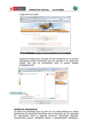 PRONAFCAP VIRTUAL - CAJATAMBO
Luego entrar en la sala
Aparece la ventana para conversar. El tutor pondrá hora en la cual los
participantes podrán encontrarse para las consultas o es usada esta
utilidad para que los participantes entre si puedan dialogar
pedagógicamente.
SESIÓN DE APRENDIZAJE
La sesión de aprendizaje (que es parte de una unidad didáctica) en donde
planificamos las actividades educativas para el desarrollo de una capacidad
y/o aprendizajes, tiene la siguiente estructura: Aprendizaje esperado,
conocimientos previos, bibliografía básica y complementaria (antologías),
Escribe el mensaje
Aquí aparecen
los nombres
que están en
el chat
 