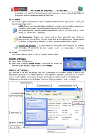 PRONAFCAP VIRTUAL - CAJATAMBO
Se visualiza en la parte inferior izquierdo, el cual muestra un menú emergente con todos los
programas, documentos y opciones de configuración.
b) Los Iconos.
Los iconos en general representan objetos. Pueden ser herramientas, aplicaciones, tareas, etc.
Los iconos principales son :
MI PC: En este icono podrá trabajar todo lo concerniente a la computadora, es decir con
todos sus componentes, como unidades de disco, archivos carpetas, etc.
Los dispositivos mas comunes que encontramos son: Disco 3½ (A:), Disco local (C:), Disco
local (D:) y Unidad de CD –ROM (E:).
Mis Documentos: Carpeta que proporciona un lugar apropiado para almacenar
documentos u otros archivos a los que desee tener acceso rápidamente. Cuando guarda
un archivo en un programa, se guarda en forma predeterminada en esta carpeta.
Papelera de Reciclaje: Es el lugar donde se almacenan temporalmente los archivos
eliminados. El contenido de esta carpeta puede ser recuperado o eliminado
permanentemente.
c) El tapiz.
Es la superficie sobre la cual se colocan todos los demás objetos.
SALIR DE WINDOWS
a) Hacer clic en el Botón Inicio.
b) Seleccionar la opción Apagar equipo, a continuación aparece la
ventana Apagar equipo y luego elegir la opción Apagar.
MANEJO DE VENTANAS
Una ventana es un área de trabajo, una zona cuadrilátera en la pantalla donde se ejecuta una
herramienta, estas áreas son independientes de todo el resto de la pantalla, vale decir que es como un
mundo aparte, toda las acciones que efectuemos se limitan al área en la cual se esta trabajando.
Todo programa que este funcionando bajo el entorno Windows trabaja en base a ventanas.
a) Barra de Título: Se encuentra ubicada en la parte superior, contiene el nombre de la aplicación.
Barra de titulo
Barra de Menús Botones de control
Botones Estándar
Barra de dirección
Menú lateral
Barra de Estado
Barra de
Desplazamiento
Unidades de
almacenamiento
 