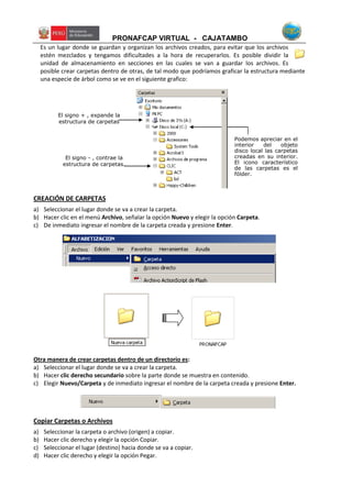 PRONAFCAP VIRTUAL - CAJATAMBO
Es un lugar donde se guardan y organizan los archivos creados, para evitar que los archivos
estén mezclados y tengamos dificultades a la hora de recuperarlos. Es posible dividir la
unidad de almacenamiento en secciones en las cuales se van a guardar los archivos. Es
posible crear carpetas dentro de otras, de tal modo que podríamos graficar la estructura mediante
una especie de árbol como se ve en el siguiente grafico:
CREACIÓN DE CARPETAS
a) Seleccionar el lugar donde se va a crear la carpeta.
b) Hacer clic en el menú Archivo, señalar la opción Nuevo y elegir la opción Carpeta.
c) De inmediato ingresar el nombre de la carpeta creada y presione Enter.
Otra manera de crear carpetas dentro de un directorio es:
a) Seleccionar el lugar donde se va a crear la carpeta.
b) Hacer clic derecho secundario sobre la parte donde se muestra en contenido.
c) Elegir Nuevo/Carpeta y de inmediato ingresar el nombre de la carpeta creada y presione Enter.
Copiar Carpetas o Archivos
a) Seleccionar la carpeta o archivo (origen) a copiar.
b) Hacer clic derecho y elegir la opción Copiar.
c) Seleccionar el lugar (destino) hacia donde se va a copiar.
d) Hacer clic derecho y elegir la opción Pegar.
El signo + , expande la
estructura de carpetas
Podemos apreciar en el
interior del objeto
disco local las carpetas
creadas en su interior.
El icono característico
de las carpetas es el
fólder.
El signo - , contrae la
estructura de carpetas.
 