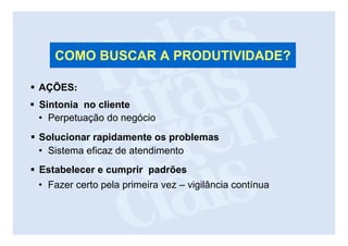 COMO BUSCAR A PRODUTIVIDADE?

AÇÕES:
Sintonia no cliente
• Perpetuação do negócio
Solucionar rapidamente os problemas
• Sistema eficaz de atendimento
Estabelecer e cumprir padrões
• Fazer certo pela primeira vez – vigilância contínua
 