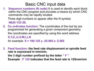 Basic CNC input data
1. Sequence numbers (N code):It is used to identify each block
within the CNC program and provides a means by which CNC
commands may be rapidly located.
Three digit numbers to appear after the N symbol.
N025 Y25 Z0.
2. Co ordinates function: The coordinates of the tool tip are
programmed for generating a given component geometry.
the coordinates are specified by using the word address
X,Y,Z,,U,V,W,I,J,K
for example: X = 100.125 y -25.005 z- 5.565
3. Feed function: the feed rate displacement or spindle feed
rate is expressed in mm/min.
the 3 digit number prefixed by the letter “ F ”
Example : F 125 indicates that the feed rate is 125mm/min
 
