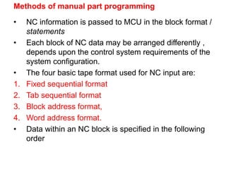 Methods of manual part programming
• NC information is passed to MCU in the block format /
statements
• Each block of NC data may be arranged differently ,
depends upon the control system requirements of the
system configuration.
• The four basic tape format used for NC input are:
1. Fixed sequential format
2. Tab sequential format
3. Block address format,
4. Word address format.
• Data within an NC block is specified in the following
order
 