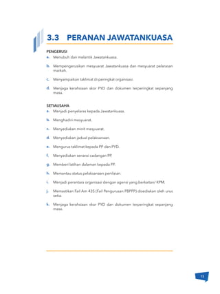 Menubuh dan melantik Jawatankuasa.
Mempengerusikan mesyuarat Jawatankuasa dan mesyuarat pelarasan
markah.
Menyampaikan taklimat di peringkat organisasi.
Menjaga kerahsiaan skor PYD dan dokumen terperingkat sepanjang
masa.
a.
b.
c.
d.
PENGERUSI
Menjadi penyelaras kepada Jawatankuasa.
Menghadiri mesyuarat.
Menyediakan minit mesyuarat.
Menyediakan jadual pelaksanaan.
Mengurus taklimat kepada PP dan PYD.
Menyediakan senarai cadangan PP.
Memberi latihan dalaman kepada PP.
Memantau status pelaksanaan penilaian.
Menjadi perantara organisasi dengan agensi yang berkaitan/ KPM.
Memastikan Fail Am 435 (Fail Pengurusan PBPPP) disediakan oleh urus
setia.
Menjaga kerahsiaan skor PYD dan dokumen terperingkat sepanjang
masa.
a.
b.
c.
d.
e.
f.
g.
h.
i.
j.
k.
SETIAUSAHA
3.3 PERANAN JAWATANKUASA
15
 