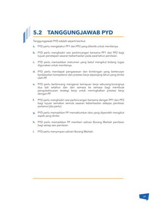 Tanggungjawab PYD adalah seperti berikut:
a.
b.
c.
d.
e.
f.
g.
h.
i.
5.2 TANGGUNGJAWAB PYD
PYD perlu mengetahui PP1 dan PP2 yang dilantik untuk menilainya.
PYD perlu menghadiri sesi perbincangan bersama PP1 dan PP2 bagi
tujuan penetapan sasaran keberhasilan pada awal tahun penilaian.
PYD perlu memastikan instrumen yang betul mengikut bidang tugas
digunakan untuk menilainya.
PYD perlu mendapat pengawasan dan bimbingan yang berterusan
berdasarkan kompetensi dan prestasi kerja sepanjang tahun yang dinilai
oleh PP.
PYD perlu berbincang mengenai kemajuan kerja sekurang-kurangnya
dua kali setahun dan dari semasa ke semasa bagi membuat
pengubahsuaian strategi kerja untuk meningkatkan prestasi kerja
dengan PP.
PYD perlu menghadiri sesi perbincangan bersama dengan PP1 dan PP2
bagi tujuan semakan semula sasaran keberhasilan selepas penilaian
pertama (jika perlu).
PYD perlu memastikan PP memaklumkan skor yang diperoleh mengikut
aspek yang dinilai.
PYD perlu memastikan PP memberi salinan Borang Markah penilaian
bagi setiap sesi penilaian.
PYD perlu menyimpan salinan Borang Markah.
21
 