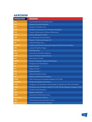 AKRONIM
SINGKATAN MAKSUD
Pusat Perkhidmatan Pendidikan Khas
Anggota Kumpulan Pelaksana
Bahagian Pendidikan Guru
Bahagian Pembangunan dan Penilaian Kompetensi
Program Pembangunan Profesional Berterusan
Delivery Management Office
Guru Bimbingan dan Kaunseling
Program Transformasi Kerajaan 2.0
Institut Pendidikan Guru
Jawatankuasa Penilaian Bersepadu Pegawai Perkhidmatan Pendidikan
Jabatan Pendidikan Negeri
Kolej Matrikulasi
Kementerian Pendidikan Malaysia
Laporan Penilaian Prestasi Tahunan
New Teacher’s Charter
Penilaian Bersepadu Pegawai Perkhidmatan
Pengajaran dan Pembelajaran
Pegawai Penilai
Pegawai Penilai 1
Pegawai Penilai 2
Pejabat Pendidikan Daerah
Pegawai Perkhidmatan Pendidikan
Pelan Pembangunan Pendidikan Malaysia 2013-2025
Penilaian Kompetensi dan Potensi
Pengajaran dan Pentadbiran bagi Pentadbir di Sekolah dan Institusi Pendidikan
Pengurusan dan Pentadbiran bagi PPP di PPD, JPN dan Bahagian-bahagian di KPM
Penilaian Tahap Kecekapan
Pegawai Yang Dinilai
Saraan Baru Perkhidmatan Awam
School Improvement Partners
School Improvement Specialist Coaches
Suruhanjaya Perkhidmatan Pelajaran
3PK
AKP
BPG
BPPK
CPD
DMO
GBK
GTP 2.0
IPG
JKPBPPP
JPN
KM
KPM
LNPT
NTC
PBPPP
PdP
PP
PP1
PP2
PPD
PPP
PPPM
PROSPEK
PT(A)
PT(B)
PTK
PYD
SBPA
SIPartners+
SISC+
SPP
35
 