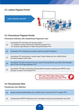 16 
PP1 dan PP2 tidak dibenarkan 
berbincang berkenaan skor PYD 
3.2 Latihan Pegawai Penilai 
3.4 Penyelarasan Skor 
Penyelarasan skor dilakukan: 
(a) apabila terdapat ketidaktekalan skor melebihi dari 10 antara skor PP1 dengan PP2 
(b) Jawatankuasa PBPPP Organisasi akan menetapkan keputusan penyelarasan skor akhir 
a b 
Latihan diberikan oleh KPM 
3.3 Pemantauan Pegawai Penilai 
Pemantauan dilakukan oleh Jawatankuasa Organisasi, iaitu: 
(a) 
memastikan PP mencetak dua borang markah – 
(i) sesalinan borang markah perlu diberikan kepada PYD 
(ii) sesalinan lagi disimpan di dalam fail perkhidmatan PYD 
(b) memastikan PP menjalankan penilaian seperti yang telah ditetapkan 
(c) memastikan PP memasukkan markah dalam Sistem Maklumat Guru (SMG) Modul 
e-Prestasi sebelum tarikh akhir 
(d) memastikan PP telah memberi PYD satu salinan Borang Markah yang telah ditandatangani 
oleh PP dan PYD bagi simpanan PYD 
(e) memastikan PP telah memberikan Borang Markah kepada Jawatankuasa PBPPP untuk 
disimpan di dalam Fail Peribadi PYD 
 