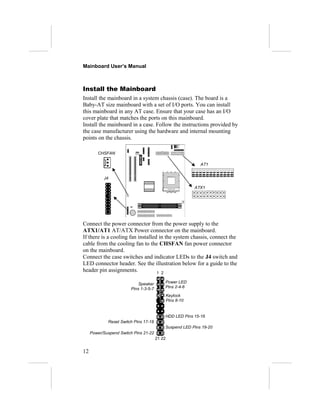 Mainboard User’s Manual
Install the Mainboard
Install the mainboard in a system chassis (case). The board is a
Baby-AT size mainboard with a set of I/O ports. You can install
this mainboard in any AT case. Ensure that your case has an I/O
cover plate that matches the ports on this mainboard.
Install the mainboard in a case. Follow the instructions provided by
the case manufacturer using the hardware and internal mounting
points on the chassis.
Connect the power connector from the power supply to the
ATX1/AT1 AT/ATX Power connector on the mainboard.
If there is a cooling fan installed in the system chassis, connect the
cable from the cooling fan to the CHSFAN fan power connector
on the mainboard.
Connect the case switches and indicator LEDs to the J4 switch and
LED connector header. See the illustration below for a guide to the
header pin assignments.
12
J4
CHSFAN
ATX1
AT1
21 22
Power LED
Pins 2-4-6
Speaker
Pins 1-3-5-7
HDD LED Pins 15-16
1 2
Reset Switch Pins 17-18
Power/Suspend Switch Pins 21-22
Suspend LED Pins 19-20
Keylock
Pins 8-10
 