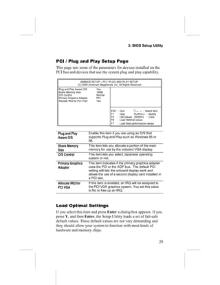 3: BIOS Setup Utility
PCI / Plug and Play Setup Page
This page sets some of the parameters for devices installed on the
PCI bus and devices that use the system plug and play capability.
AMIBIOS SETUP – PCI / PLUG AND PLAY SETUP
(C) 2000 American Megatrends, Inc. All Rights Reserved
Plug and Play Aware O/S Yes
Share Memory Size 16MB
O/S Control Normal
Primary Graphics Adapter PCI
Allocate IRQ for PCI VGA Yes
ESC : Quit ↑↓←→ : Select Item
F1 : Help PU/PD/+/- : Modify
F5 : Old Values (Shift)F2 : Color
F6 : Load Optimal values
F7 : Load Best performance values
Plug and Play
Aware O/S
Enable this item if you are using an O/S that
supports Plug and Play such as Windows 95 or
98.
Share Memory
Size
This item lets you allocate a portion of the main
memory for use by the onboard VGA display.
O/S Control This item lets you select Japanese operating
system or not.
Primary Graphics
Adapter
This item indicates if the primary graphics adapter
uses the PCI or the AGP bus. The default PCI
setting still lets the onboard display work and
allows the use of a second display card installed in
a PCI slot.
Allocate IRQ for
PCI VGA
If this item is enabled, an IRQ will be assigned to
the PCI VGA graphics system. You set this value
to No to free up an IRQ.
Load Optimal Settings
If you select this item and press Enter a dialog box appears. If you
press Y, and then Enter, the Setup Utility loads a set of fail-safe
default values. These default values are not very demanding and
they should allow your system to function with most kinds of
hardware and memory chips.
29
 