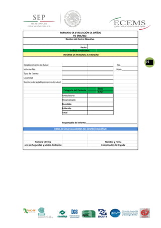 FORMATO DE EVALUACIÓN DE DAÑOS
FO-EME/002
Nombre del Centro Educativo
Fecha:
DAÑOS A PERSONAL
INFORME DE PERSONAS ATENDIDAD
75
Establecimiento de Salud No.______________
Informe No. Hora:_____________
Tipo de Evento
Localidad
Nombre del establecimiento de salud
Categoría del Paciente
Sexo
F/M
Ambulatorio
Hospitalizado
Remitido
Fallecido
Total
Responsable del informe:_____________________________________________
FIRMA DE LOS EVALUADORES DEL CENTRO EDUCATIVO
Nombre y Firma Nombre y Firma
Jefe de Seguridad y Medio Ambiente Coordinador de Brigada
 