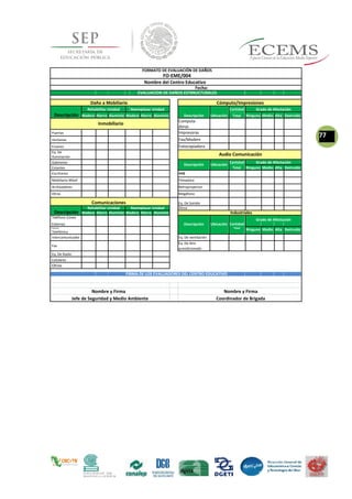 FORMATO DE EVALUACIÓN DE DAÑOS
FO-EME/004
Nombre del Centro Educativo
Fecha:
EVALUACIÓN DE DAÑOS ESTRRUCTURALES
Daño a Mobiliario Cómputo/Impresiones
Descripción
Rehabilitar Unidad Reemplazar Unidad
Descripción Ubicación
Cantidad Grado de Afectación
Madera Hierro Aluminio Madera Hierro Aluminio Total Ninguno Medio Alta Destruido
Inmobiliario
Computa
doras
Puertas Impresoras
77
Ventanas Fax/Modem
Enseres Fotocopiadora
Eq. De
Audio ComunicaciónIluminación
Gabinetes
Descripción Ubicación
Cantidad Grado de Afectación
Estantes Total Ninguno Medio Alta Destruido
Escritorios VHS
Mobiliario Móvil Filmadora
Archivadores Retroproyector
Otros Megáfono
Comunicaciones Eq. De Sonido
Descripción
Rehabilitar Unidad Reemplazar Unidad Otros
Madera Hierro Aluminio Madera Hierro Aluminio Industriales
Teléfono (Línea
Grado de Afectación
Externa) CantidadDescripción Ubicación
Central Total
Ninguno Medio Alta Destruido
Telefónica
Intercomunicador Eq. De ventilación
Fax
Eq. De Aire
acondicionado
Eq. De Radio
Celulares
Otros
FIRMA DE LOS EVALUADORES DEL CENTRO EDUCATIVO
Nombre y Firma Nombre y Firma
Jefe de Seguridad y Medio Ambiente Coordinador de Brigada
 
