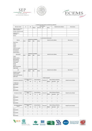 Ninguno Intermedio Alto No Hay
Bueno Regular Malo No Hay
Bueno Regular Malo No Hay
Bueno Regular Malo No Hay
Observaciones:Medida Preventiva a Realizar:Elemento a evaluar: SI NO
Nivel de Riesgo:
5. RIESGOS NO ESTRUCTURALES (INTERIOR DEL INMUEBLE)
Objetos que puedan caerse,
volcarse o deslizarse.
Ventanas y canceles de vidrio.
Líquidos tóxicos o
inflamables.
Plafones.
6. SERVICIOS DE INSTALACION
Electrica:
Condiciones de la Instalacion:
Medida Preventiva a Realizar: Observaciones:
Tablero eléctrico
Cableado
Contactos
Lámparas
Lámparas de emergencia
Detectoresde humo
Hidrosanitaria:
Condiciones de la Instalacion:
Medida Preventiva a Realizar:
Aire acondicionado
Plantade emergencia
Bomba hidráulica
Depósito de agua
Observaciones:
Tubería
Muebles sanitarios
Fugas de Agua
Toma siamesa
Drenaje
Cisterna
Gas:
Condiciones de la Instalacion:
Medida Preventiva a Realizar:
Bombeo para hidrantes
Observaciones:
Instalación de tubería
Tanque de cilindro
Tanque de gas estacionario
Fugas de gas
SI NO SI NO Ninguno Intermedio Alto
SI NO SI NO Ninguno Intermedio Alto
SI NO SI NO Ninguno Intermedio Alto
2.-(...)
Observaciones:
3.-(...)
Descripcion de Talleres:
Se Encuentra Cerca de
Aulas:
Contiene Reactivos:
De Que Tipo:
Grado de Riesgo por Reactivos:
Medida Preventiva a Realizar:
1.-(…)
Observaciones:
Observaciones:
2.-(...)
3.-(...)
7. AREAS A EVALUAR
Medida Preventiva a Realizar:
1.- Polifuncional
Observaciones:
Descripcion de Laboratorios:
Se Encuentra Cerca de
Aulas:
Contiene Reactivos:
De Que Tipo:
Grado de Riesgo por Reactivos:
Observaciones:
Observaciones:
Descripcion de Bodega o
Almacen:
Se Encuentra Cerca de
Aulas:
Contiene Reactivos:
De Que Tipo:
Grado de Riesgo por Reactivos:
Medida Preventiva a Realizar:
1.-(…)
Observaciones:
2.-(...)
Observaciones:
3.-(...)
Observaciones:
 