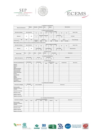 Silbatos Campanas Chicharras Otros Ninguno
1A 2B 3C 4D 5E 6F 7G
2 4.5 6 9 SI NO
PQS GAS CO2
BUENO MALO TIENE NO TIENE TIENE NO TIENE
1A 2B 3C 4D 5E 6F 7G
SI NO SI NO SI NO
Palas Picos Hachas Cuerdas Barretas
SI NO
SI NO SI NO SI NO
SI NO SI NO BUENO REGULAR MALO
9. EQUIPOS CONTRA INCENDIOS
Extintores: SI
Numero Total:
Observaciones:
Sistema de Alertamiento:
Tienen Gabinete: Tienen Manguera:
8. SISTEMA DE ALERTAMIENTO
10. EQUIPO DE ZAPA
Componentes:
Manómetro Marchamo
Descripcion del Equipo: Hay en Existencia:
Numero de Extintores por Edificio:
Capacidad en Kilogramos Se Requiere:
Cantidad:NO
11. SALIDAS DE EMERGENCIA
Salidas de Emergencias:
Tiene el Inmueble: De Acceso: De Emergencia:
Equipo de Zapa:
Tienen Gabinete: Observaciones:
Seguro
Nota: Se sugiere colocar los extintores de acuerdo a la ubicación que indican los planos anexos.
Descripcion del Equipo: Hay en Existencia:
Numero de Hidrantes por Edificio:
Numero Total:
Condiciones
de Uso:
Fecha de Recarga:
Tienen Chiflón: Observaciones:Hidrantes: SI NO
Observaciones:Cantidad Faltante:
Observaciones:
12. SEÑALIZACION
Descripcion del Señalamiento:
Hay en Existencia: Estan Colocados: Condicionesde Uso:
Hidrantes
Extintores
Alarma
Salida de emergencia
Rutas de evacuación
Zona de protección
Zona de concentración
No fumar
Área restringida
Botiquín
Escaleras
Módulo de información
Portar gafetes
Registro de visitantes
SI NO
Gorras Cascos Botas Guantes Chalecos Brazaletes Otros
13.1. VESTUARIO PARA BRIGADISTAS
Descripcion de la Brigada:
EstaIntegrada:
13. INTEGRACION DE BRIGADAS
Descripcion de la Brigada:
Primeros auxilios
Prevención y combate de
incendios
Evacuación de inmuebles
Búsqueda y rescate
Brigada de seguridad
Brigada de comunicación
Inventario del Vestuario paraBrigadistas:
Observaciones:
Prevención y combate de
incendios
Numero de Brigadistas: Observaciones:
Evacuación de inmuebles
Búsqueda y rescate
Brigada de seguridad
Brigada de comunicación
Primeros auxilios
 