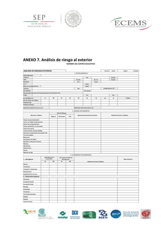 ANEXO 7. Análisis de riesgo al exterior
FECHA: (DIA) (MES) (AÑO)
Teléfono: Fax: Celular:
Calle: No. Ext.: No. Int.: Colonia:
Municipio: C.P.: Turno:
C.C.T. Zona:
Cargo:
Teléfono: Fax:
Uso Original: Uso Actual:
Cargo: Tel.: Fax:
1A 2B 3C 4D 5E 6F 7G 8H 9I
Ductos.
Expendio de gas.
Terrenos baldíos.
Cercanía de mercados.
Depósitos y almacenes tóxicos.
Gasolineras.
Fábricas.
Anuncios y marquesinas que puedan caer.
Planta Pemex.
Basureros.
Postes telefónicos en mal estado.
Vías de ferrocarril.
Construcciones vecinas dañadas.
Torres con cables de alta tensión.
Postes de energía eléctrica.
Medida Preventiva a Realizar:
Ninguno Intermedio Alto
Tanque de gas estacionario.
2. RIESGOS CIRCUNDANTES
Distancia Aproximada al Inmueble:
Población Flotante:
Superficie total del terreno en m2: Superficie total construida en m2:
Elemento a Evaluar
Nivel del Riesgo:
No. De Edificio (s): Totales:
No. De niveles por edificio:
Población Fija:
Responsable Operativo del Programa Escolar de Protección Civil:
Resp. de la Unidad Interna:
Antigüedad del CCT:
NOMBRE DEL CENTRO EDUCATIVO:
ANÁLISIS DE RIESGOS EXTERNOS
1. DATOS GENERALES
Plantel Educativo:
SI NO SI NO
Tolvaneras
Tormentas eléctricas
Heladas
Inundación pluvial
Nevadas
Inundación fluvial
Deslizamiento
Sequías
Hundimiento de terreno
Vulcanismo
Tsunamis o maremotos
1.- Geológicos:
¿Esta Expuesto el
Inmbueble?:
¿Se Cuenta con Plan de
Emergencia?:
Medida Preventiva a Realizar:
Huracanes
Sismos
Vientos fuertes
Granizadas
3. FENOMENOS PERTURBADORES
2.- Hidrometeorológicos:
Observaciones:
 