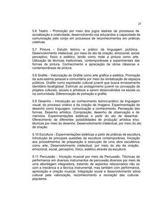 27

5.6 Teatro - Promoção por meio dos jogos teatrais de processos de
socialização e criatividade, desenvolvendo nos educandos a capacidade de
comunicação pelo corpo em processos de reconhecimentos em práticas
coletivas.

5.7 Pintura - Estudo teórico e prático da linguagem pictórica.
Desenvolvimento intelectual, por meio do ato de criação, emocional, social,
perceptivo, físico e estético, tendo como mote a pintura como arte.
Utilização de técnicas tradicionais, contemporâneas e experimentais das
formas de pintura. Conhecimento e apreciação de obras clássicas e
contemporâneas de pintura.

5.8 Grafite - Valorização do Grafite como arte gráfica e estética. Promoção
da auto-estima pessoal e comunitária por meio da revitalização de espaços
públicos. Grafite como expressão cultural juvenil que busca enraizamento
identitário local/global. Estímulo ao protagonismo juvenil na concepção de
projetos culturais, sociais e artísticos a serem desenvolvidos na escola ou
na comunidade. Diferenciação de pichação e grafite.

5.9 Desenho - Introdução ao conhecimento teórico-prático da linguagem
visual, do processo criativo e da criação de imagens. Experimentação do
desenho como linguagem, comunicação e conhecimento. Percepção das
formas. Desenho artístico. Composição, desenho de observação e de
memória. Experimentações estéticas a partir do ato de desenhar.
Oferecimento de diferentes possibilidades de produção artística e/ou
técnicas por meio do desenho. Desenvolvimento intelectual, por meio do ato
de criação.

5.10 Escultura - Experimentações estéticas a partir de práticas de escultura.
Introdução às principais questões da escultura contemporânea. Iniciação
aos procedimentos de preparação e execução de uma obra escultórica
como arte. Desenvolvimento intelectual, por meio do ato de criação,
emocional, social, perceptivo, físico, estético através da escultura.

5.11 Percussão - Iniciação musical por meio da Percussão. Técnicas de
performance em diversos instrumentos de percussão diversos por meio de
uma abordagem integradora, tratando de aspectos relacionados não só
com a mecânica e a técnica instrumental, mas também com performance,
apreciação e criação musical. Integração social e desenvolvimento sócio-
cultural pela valorização, reconhecimento e recriação das culturas
populares.
 