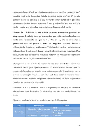 pretendem alterar. Afinal, um planejamento existe para modificar uma situação. O
principal objetivo do diagnóstico é ajudar a escola a fazer o seu "raio X”, ou seja,
conhecer a situação presente e, a cada momento, tentar identificar os principais
problemas e desafios a serem superados. E para que ele reflita bem essa realidade
escolar, precisa ser elaborado com a participação da comunidade escolar.
No caso do PDE Interativo, não se trata apenas de responder e preencher os
campos, mas de refletir sobre as informações que estão sendo colocadas, pois
muito mais importante do que as respostas em si, são as discussões e
proposições que são geradas a partir das perguntas. Portanto, durante a
elaboração do diagnóstico, o Grupo de Trabalho deve avaliar cuidadosamente
cada questão e debatê-las até chegar a um entendimento comum e aceitável. Para
tanto, quanto mais informações relevantes puderem ser reunidas no diagnóstico,
maiores as chances do plano ser bem-sucedido.
O diagnóstico é feito a partir de recortes conceituais da realidade da escola, que
direcionam o olhar para aspectos relevantes do funcionamento da instituição. Os
recortes são baseados nos estudos sobre os fatores que são determinantes para o
sucesso da educação oferecida. Um olhar detalhado sobre o conjunto desses
aspectos dará uma excelente perspectiva do funcionamento da escola e apontará o
que deve ser aperfeiçoado pela gestão.
Neste sentido, o PDE Interativo dividiu o diagnóstico em 3 eixos e, em cada eixo,
são incluídas duas dimensões. As dimensões, por sua vez, subdividem-se em
temas.
Observe o quadro abaixo para entender a estrutura do Diagnóstico:
Eixo

Dimensões

Resultados

Dimensão 1 - Indicadores e
Taxas
Dimensão 2 - Distorção e

Temas
IDEB
Taxas de Rendimento
Prova Brasil
Matrícula

6

 