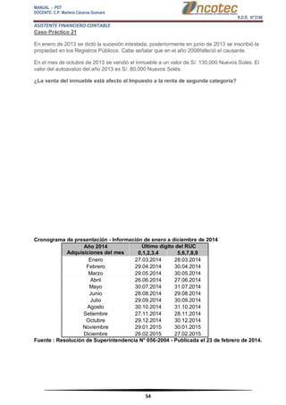 MANUAL - PDT 
DOCENTE: C.P. Marlene Cáceres Guevara 
R.D.R. N°3748 
ASISTENTE FINANCIERO CONTABLE 
54 
Caso Práctico 21 En enero de 2013 se dictó la sucesión intestada, posteriormente en junio de 2013 se inscribió la propiedad en los Registros Públicos. Cabe señalar que en el año 2008falleció el causante. En el mes de octubre de 2013 se vendió el inmueble a un valor de S/. 130,000 Nuevos Soles. El valor del autoavalúo del año 2013 es S/. 80,000 Nuevos Soles. ¿La venta del inmueble está afecto al Impuesto a la renta de segunda categoría? Cronograma de presentación - Información de enero a diciembre de 2014 Año 2014 Adquisiciones del mes Último dígito del RUC 0,1,2,3,4 5,6,7,8,9 
Enero 
27.03.2014 
28.03.2014 
Febrero 
29.04.2014 
30.04.2014 
Marzo 
29.05.2014 
30.05.2014 
Abril 
26.06.2014 
27.06.2014 
Mayo 
30.07.2014 
31.07.2014 
Junio 
28.08.2014 
29.08.2014 
Julio 
29.09.2014 
30.09.2014 
Agosto 
30.10.2014 
31.10.2014 
Setiembre 
27.11.2014 
28.11.2014 
Octubre 
29.12.2014 
30.12.2014 
Noviembre 
29.01.2015 
30.01.2015 
Diciembre 
26.02.2015 
27.02.2015 Fuente : Resolución de Superintendencia N° 056-2004 - Publicada el 23 de febrero de 2014. 