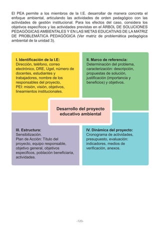 El PEA permite a los miembros de la I.E. desarrollar de manera concreta el
enfoque ambiental, articulando las actividades de orden pedagógico con las
actividades de gestión institucional. Para los efectos del caso, considera los
objetivos específicos y las actividades previstas en el ÁRBOL DE SOLUCIONES
PEDAGÓGICAS AMBIENTALES Y EN LAS METAS EDUCATIVAS DE LA MATRIZ
DE PROBLEMÁTICA PEDAGÓGICA (Ver matriz de problemática pedagógica
ambiental de la unidad 3).
I. Identificación de la I.E:
Dirección, teléfono, correo
electrónico, DRE, Ugel, número de
docentes, estudiantes y
trabajadores, nombre de los
responsables del proyecto,
PEI: misión, visión, objetivos,
lineamientos institucionales.
III. Estructura:
Sensibilización.
Plan de Acción: Título del
proyecto, equipo responsable,
objetivo general, objetivos
especificos, población beneficiaria,
actividades.
IV. Dinámica del proyecto:
Cronograma de actividades,
presupuesto, evaluación:
indicadores, medios de
verificación, anexos.
II. Marco de referencia:
Determinación del problema,
caracterización: descripción,
propuestas de solución,
justificación (importancia y
beneficios) y objetivos.
Desarrollo del proyecto
educativo ambiental
-120-
 