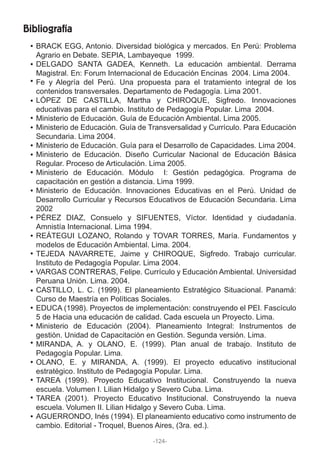 Bibliografía
BRACK EGG, Antonio. Diversidad biológica y mercados. En Perú: Problema
Agrario en Debate. SEPIA, Lambayeque 1999.
DELGADO SANTA GADEA, Kenneth. La educación ambiental. Derrama
Magistral. En: Forum Internacional de Educación Encinas 2004. Lima 2004.
Fe y Alegría del Perú. Una propuesta para el tratamiento integral de los
contenidos transversales. Departamento de Pedagogía. Lima 2001.
LÓPEZ DE CASTILLA, Martha y CHIROQUE, Sigfredo. Innovaciones
educativas para el cambio. Instituto de Pedagogía Popular. Lima 2004.
Ministerio de Educación. Guía de Educación Ambiental. Lima 2005.
Ministerio de Educación. Guía de Transversalidad y Currículo. Para Educación
Secundaria. Lima 2004.
Ministerio de Educación. Guía para el Desarrollo de Capacidades. Lima 2004.
Ministerio de Educación. Diseño Curricular Nacional de Educación Básica
Regular. Proceso de Articulación. Lima 2005.
Ministerio de Educación. Módulo I: Gestión pedagógica. Programa de
capacitación en gestión a distancia. Lima 1999.
Ministerio de Educación. Innovaciones Educativas en el Perú. Unidad de
Desarrollo Curricular y Recursos Educativos de Educación Secundaria. Lima
2002
PÉREZ DIAZ, Consuelo y SIFUENTES, Víctor. Identidad y ciudadanía.
Amnistía Internacional. Lima 1994.
REÁTEGUI LOZANO, Rolando y TOVAR TORRES, María. Fundamentos y
modelos de Educación Ambiental. Lima. 2004.
TEJEDA NAVARRETE, Jaime y CHIROQUE, Sigfredo. Trabajo curricular.
Instituto de Pedagogía Popular. Lima 2004.
VARGAS CONTRERAS, Felipe. Currículo y Educación Ambiental. Universidad
Peruana Unión. Lima. 2004.
CASTILLO, L. C. (1999). El planeamiento Estratégico Situacional. Panamá:
Curso de Maestría en Políticas Sociales.
EDUCA (1998). Proyectos de implementación: construyendo el PEI. Fascículo
5 de Hacia una educación de calidad. Cada escuela un Proyecto. Lima.
Ministerio de Educación (2004). Planeamiento Integral: Instrumentos de
gestión. Unidad de Capacitación en Gestión. Segunda versión. Lima.
MIRANDA, A. y OLANO, E. (1999). Plan anual de trabajo. Instituto de
Pedagogía Popular. Lima.
OLANO, E. y MIRANDA, A. (1999). El proyecto educativo institucional
estratégico. Instituto de Pedagogía Popular. Lima.
TAREA (1999). Proyecto Educativo Institucional. Construyendo la nueva
escuela. Volumen I. Lilian Hidalgo y Severo Cuba. Lima.
TAREA (2001). Proyecto Educativo Institucional. Construyendo la nueva
escuela. Volumen II. Lilian Hidalgo y Severo Cuba. Lima.
AGUERRONDO, Inés (1994). El planeamiento educativo como instrumento de
cambio. Editorial - Troquel, Buenos Aires, (3ra. ed.).
-124-
 
