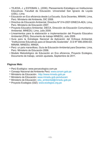 TEJEDA, J. y ESTEBAN, L. (2006). Planeamiento Estratégico en Instituciones
Educativas. Facultad de Educación. Universidad San Ignacio de Loyola
(USIL). Lima.
Educación en Eco eficiencia desde La Escuela, Guía Docentes, MINAN, Lima,
Perú. Ministerio del Ambiente, DIC 2008.
Directiva de Educación Ambiental, Directiva Nº 014-2007-DINECA-AEA, Lima,
Perú. Ministerio de Educación 2007.
Proyecto Educativo Ambiental, DIECA, Dirección de Educación Comunitaria y
Ambiental, MINEDU, Lima, Julio 2009.
Lineamientos para la elaboración e implementación del Proyecto Educativo
Ambiental (PEA), Documento de trabajo MINEDU, Julio 2009.
Guía para la Estrategia Nacional de Aplicación del Enfoque Ambiental,
“Instituciones Educativas para el Desarrollo Sostenible”. D.S Nº 006-2006-ED.
MINAM, MINEDU, MINSA.
Perú: un país maravilloso, Guía de Educación Ambiental para Docentes. Lima,
Perú. Ministerio de Educación 2006.
Modelo Metodológico de Educación en Eco eficiencia, Proyecto Ecolegios,
Documento de trabajo, versión ajustada, Septiembre de 2011.
Perú Ecológico: www.peruecologico.com.pe
Consejo Nacional del Ambiente Perú: www.conam.gob.pe
Ministerio de Educación: http://www.minedu.gob.pe
Ministerio de Educación: www.minedu.gob.pe/educam
Ministerio de Educación: edu_ambiental@minedu.gob.pe
Proyecto Ecolegios (GIZ): www.ecolegios.org.pe
Páginas Web:
-125-
 