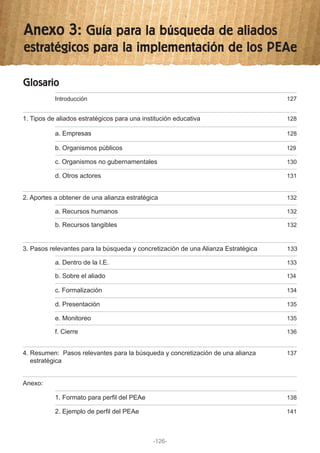Anexo 3: Guía para la búsqueda de aliados
estratégicos para la implementación de los PEAe
Glosario
Introducción 127
1. Tipos de aliados estratégicos para una institución educativa 128
Anexo:
a. Empresas 128
b. Organismos públicos 129
c. Organismos no gubernamentales 130
d. Otros actores 131
3. Pasos relevantes para la búsqueda y concretización de una Alianza Estratégica 133
4. Resumen: Pasos relevantes para la búsqueda y concretización de una alianza
estratégica
137
a. Dentro de la I.E. 133
b. Sobre el aliado 134
1. Formato para perfil del PEAe 138
2. Ejemplo de perfil del PEAe 141
c. Formalización 134
d. Presentación 135
e. Monitoreo 135
f. Cierre 136
2. Aportes a obtener de una alianza estratégica 132
a. Recursos humanos 132
b. Recursos tangibles 132
-126-
 