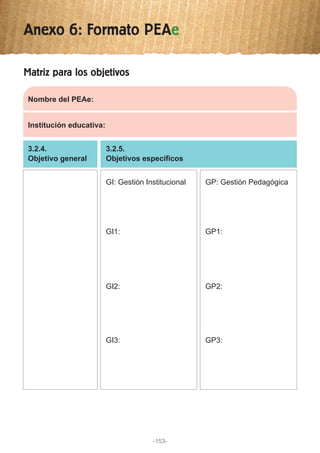 Anexo 6: Formato PEAe
Matriz para los objetivos
Nombre del PEAe:
Institución educativa:
3.2.4.
Objetivo general
3.2.5.
Objetivos específicos
GI: Gestión Institucional GP: Gestión Pedagógica
GI1: GP1:
GI2: GP2:
GI3: GP3:
-153-
 