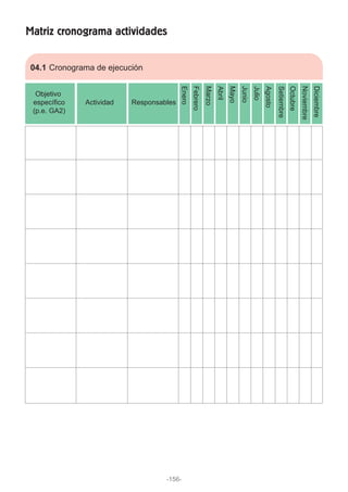 Matriz cronograma actividades
04.1 Cronograma de ejecución
Objetivo
específico
(p.e. GA2)
Actividad Responsables
Enero
Febrero
Marzo
Abril
Mayo
Junio
Julio
Agosto
Setiembre
Octubre
Noviembre
Diciembre
-156-
 
