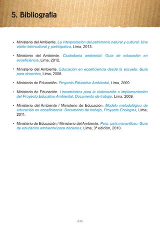 5. Bibliografía
Ministerio del Ambiente. La interpretación del patrimonio natural y cultural: Una
visión intercultural y participativa, Lima, 2013.
Ministerio del Ambiente. Ciudadanía ambiental: Guía de educación en
ecoeficiencia, Lima, 2012.
Ministerio del Ambiente. Educación en ecoeficiencia desde la escuela: Guía
para docentes, Lima, 2008.
Ministerio de Educación. Proyecto Educativo Ambiental, Lima, 2009.
Ministerio de Educación. Lineamientos para la elaboración e implementación
del Proyecto Educativo Ambiental, Documento de trabajo, Lima, 2009.
Ministerio del Ambiente / Ministerio de Educación. Modelo metodológico de
educación en ecoeficiencia: Documento de trabajo, Proyecto Ecolegios, Lima,
2011.
Ministerio de Educación / Ministerio del Ambiente. Perú: país maravilloso: Guía
de educación ambiental para docentes. Lima, 3ª edición, 2010.
-232-
 
