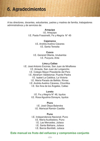 6. Agradecimientos
A los directores, docentes, estudiantes, padres y madres de familia, trabajadores
administrativos y de servicios de:
Este manual es fruto del esfuerzo y compromiso conjunto
Arequipa
I.E. Arequipa
I.E. Paola Frassinetti, Fe y Alegría N° 45
Cajamarca
I.E. Andrés Avelino Cáceres
I.E. Santa Teresita
Cusco
I.E. General Ollanta, Urubamba
I.E. Pucyura, Anta
Lima y Callao
I.E. José Antonio Encinas, San Juan de Miraflores
I.E. Amauta, San Juan de Lurigancho
I.E. Colegio Mayor Presidente del Perú
I.E. Abraham Valdelomar, Puente Piedra
I.E. Isabel La Católica, La Victoria
I.E. María Parado de Bellido, Rímac
I.E. Andrés Avelino Cáceres, Chorrillos
I.E. Sor Ana de los Ángeles, Callao
Loreto
I.E. Fe y Alegría N° 46, Iquitos
I.E. Rosa Agustina Donayre, Iquitos
Piura
I.E. José Olaya Balandra
I.E. Mariscal Ramón Castilla
Puno
I.E. Independencia Nacional, Puno
I.E. María Auxiliadora, Puno
I.E. Las Mercedes, Juliaca
I.E. Santa Bárbara, Juliaca
I.E. Barcia Bonifatti, Juliaca
-233-
 