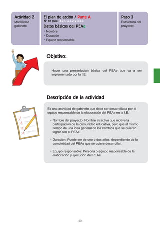 Objetivo:
Hacer una presentación básica del PEAe que va a ser
implementado por la I.E.
Modalidad
gabinete
Nombre
Duración
Equipo responsable
Estructura del
proyecto
Actividad 2 Paso 3El plan de acción / Parte A
Datos básicos del PEAe
N° en guía: 3.2.1, 3.2.2 y 3.2.3
Descripción de la actividad
Es una actividad de gabinete que debe ser desarrollada por el
equipo responsable de la elaboración del PEAe en la I.E.
Nombre del proyecto: Nombre atractivo que motive la
participación de la comunidad educativa, pero que al mismo
tiempo dé una idea general de los cambios que se quieren
lograr con el PEAe.
Duración: Puede ser de uno o dos años, dependiendo de la
complejidad del PEAe que se quiere desarrollar.
Equipo responsable: Persona o equipo responsable de la
elaboración y ejecución del PEAe.
-40-
 