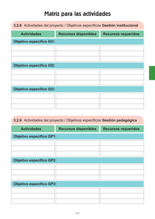 Matriz para las actividades
-47-
3.2.6 Actividades del proyecto / Objetivos específicos Gestión institucional
Actividades Recursos disponibles Recursos requeridos
Objetivo específico GI1:
Objetivo específico GI2:
Objetivo específico GI3:
3.2.6 Actividades del proyecto / Objetivos específicos Gestión pedagógica
Actividades Recursos disponibles Recursos requeridos
Objetivo específico GP1:
Objetivo específico GP2:
Objetivo específico GP3:
 
