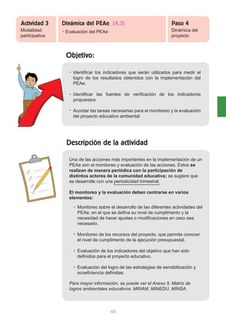 Objetivo:
Descripción de la actividad
Identificar los indicadores que serán utilizados para medir el
logro de los resultados obtenidos con la implementación del
PEAe.
Identificar las fuentes de verificación de los indicadores
propuestos
Acordar las tareas necesarias para el monitoreo y la evaluación
del proyecto educativo ambiental
Monitoreo sobre el desarrollo de las diferentes actividades del
PEAe, en el que se defina su nivel de cumplimento y la
necesidad de hacer ajustes o modificaciones en caso sea
necesario.
Monitoreo de los recursos del proyecto, que permita conocer
el nivel de cumplimento de la ejecución presupuestal.
Evaluación de los indicadores del objetivo que han sido
definidos para el proyecto educativo.
Evaluación del logro de las estrategias de sensibilización y
ecoeficiencia definidas.
Una de las acciones más importantes en la implementación de un
PEAe son el monitoreo y evaluación de las acciones. Estos se
realizan de manera periódica con la participación de
distintos actores de la comunidad educativa; se sugiere que
se desarrolle con una periodicidad trimestral.
El monitoreo y la evaluación deben centrarse en varios
elementos:
Para mayor información, se puede ver el Anexo 5: Matriz de
logros ambientales educativos: MINAM, MINEDU, MINSA.
-57-
Modalidad
participativa
Evaluación del PEAe Dinámica del
proyecto
Actividad 3 Paso 4Dinámica del PEAe (4.3)
 