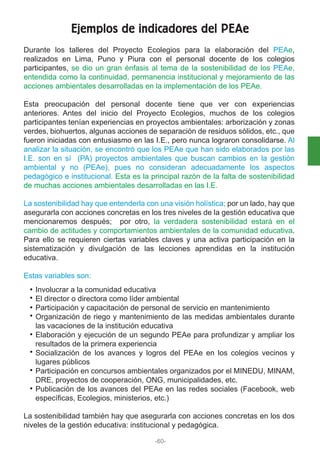 Durante los talleres del Proyecto Ecolegios para la elaboración del PEAe,
realizados en Lima, Puno y Piura con el personal docente de los colegios
participantes, se dio un gran énfasis al tema de la sostenibilidad de los PEAe,
entendida como la continuidad, permanencia institucional y mejoramiento de las
acciones ambientales desarrolladas en la implementación de los PEAe.
Esta preocupación del personal docente tiene que ver con experiencias
anteriores. Antes del inicio del Proyecto Ecolegios, muchos de los colegios
participantes tenían experiencias en proyectos ambientales: arborización y zonas
verdes, biohuertos, algunas acciones de separación de residuos sólidos, etc., que
fueron iniciadas con entusiasmo en las I.E., pero nunca lograron consolidarse. Al
analizar la situación, se encontró que los PEAe que han sido elaborados por las
I.E. son en sí (PA) proyectos ambientales que buscan cambios en la gestión
ambiental y no (PEAe), pues no consideran adecuadamente los aspectos
pedagógico e institucional. Esta es la principal razón de la falta de sostenibilidad
de muchas acciones ambientales desarrolladas en las I.E.
La sostenibilidad hay que entenderla con una visión holística; por un lado, hay que
asegurarla con acciones concretas en los tres niveles de la gestión educativa que
mencionaremos después; por otro, la verdadera sostenibilidad estará en el
cambio de actitudes y comportamientos ambientales de la comunidad educativa.
Para ello se requieren ciertas variables claves y una activa participación en la
sistematización y divulgación de las lecciones aprendidas en la institución
educativa.
Estas variables son:
La sostenibilidad también hay que asegurarla con acciones concretas en los dos
niveles de la gestión educativa: institucional y pedagógica.
Involucrar a la comunidad educativa
El director o directora como líder ambiental
Participación y capacitación de personal de servicio en mantenimiento
Organización de riego y mantenimiento de las medidas ambientales durante
las vacaciones de la institución educativa
Elaboración y ejecución de un segundo PEAe para profundizar y ampliar los
resultados de la primera experiencia
Socialización de los avances y logros del PEAe en los colegios vecinos y
lugares públicos
Participación en concursos ambientales organizados por el MINEDU, MINAM,
DRE, proyectos de cooperación, ONG, municipalidades, etc.
Publicación de los avances del PEAe en las redes sociales (Facebook, web
específicas, Ecolegios, ministerios, etc.)
Ejemplos de indicadores del PEAe
-60-
 
