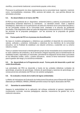 científico, conocimiento tradicional, conocimiento popular, entre otros).
Promueve la participación de otras organizaciones de la comunidad local, regional y nacional,
como: municipalidades, empresas, ONG, sectores del estado, etc., que permita afianzar las
actividades previstas
6.3. Es desarrollado en el marco del PEI.
El PEA se inicia partiendo de un diagnóstico ambiental (interno y externo), la priorización de la
problemática ambiental determina su orientación, su identidad (misión, visión y objetivos
estratégicos), elaborado con la participación de todos los miembros de la comunidad educativa y
de los principales actores de la comunidad local, orientado a la solución de problemas
priorizados. Este diagnóstico debe ser parte del diagnóstico institucional de la I.E. El PEA articula
las acciones de la propuesta pedagógica con las acciones de la propuesta de gestión
institucional
6.4. Forma parte del PCI en el proceso de diversificación
Se basa en modelos pedagógicos y didácticos que posibiliten el desarrollo de conocimientos,
valores, actitudes y prácticos, individuales y colectivos de los miembros de la comunidad
educativa, con la finalidad de establecer una relación armónica y sostenible con su entorno
natural y creado.
Tiene un carácter transversal e interdisciplinario propio de las necesidades de la comprensión de
la visión sistémica del ambiente y de la formación integral requerida para la transformación de
realidades locales, regionales y/o nacionales, permitiendo la integración de las áreas curriculares
en los diferentes niveles, ciclos, y grados educativos, siendo el tema transversal “Educación
para la gestión del riesgo y la conciencia ambiental.
6.5. Es desarrollado en la Programación anual. Forma parte del desarrollo a partir del
cartel diversificado.
Las actividades del PEA se desarrolla a través de las unidades didácticas (unidades de
aprendizaje, proyectos de aprendizaje, módulos de aprendizaje) y sesiones de aprendizaje, por
consecuencia las actividades del PEA son de carácter pedagógico.
6.6. Es evaluado a través de la matriz de logros ambientales
La Matriz de Indicadores de Evaluación de Instituciones Educativas para el Desarrollo Sostenible
elaborado por MINEDU, MINSA y MINAM permitirá evaluar los logros alcanzados del PEA.
6.7. Garantiza la sostenibilidad.
Asegura la sostenibilidad de la aplicación del enfoque ambiental al generar organización,
incorporación curricular, recursos pedagógicos, alianzas, mecanismos de gestión etc, en la
institución educativa.
-66-
 