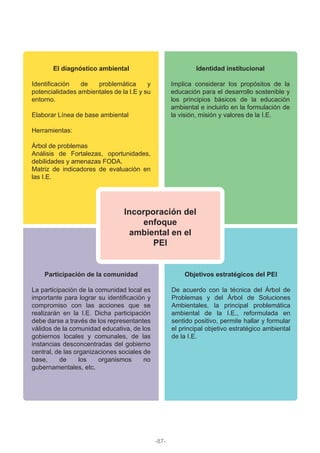 El diagnóstico ambiental
Identificación de problemática y
potencialidades ambientales de la I.E y su
entorno.
Elaborar Línea de base ambiental
Herramientas:
Árbol de problemas
Análisis de Fortalezas, oportunidades,
debilidades y amenazas FODA.
Matriz de indicadores de evaluación en
las I.E.
Participación de la comunidad
La participación de la comunidad local es
importante para lograr su identificación y
compromiso con las acciones que se
realizarán en la I.E. Dicha participación
debe darse a través de los representantes
válidos de la comunidad educativa, de los
gobiernos locales y comunales, de las
instancias desconcentradas del gobierno
central, de las organizaciones sociales de
base, de los organismos no
gubernamentales, etc.
Objetivos estratégicos del PEI
De acuerdo con la técnica del Árbol de
Problemas y del Árbol de Soluciones
Ambientales, la principal problemática
ambiental de la I.E., reformulada en
sentido positivo, permite hallar y formular
el principal objetivo estratégico ambiental
de la I.E.
Incorporación del
enfoque
ambiental en el
PEI
Identidad institucional
Implica considerar los propósitos de la
educación para el desarrollo sostenible y
los principios básicos de la educación
ambiental e incluirlo en la formulación de
la visión, misión y valores de la I.E.
-87-
 