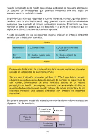 Para la formulación de la misión con enfoque ambiental es necesario plantearse
un conjunto de interrogantes que permitan construirla con una lógica de
intervención en la realidad concreta.
En primer lugar hay que responder a nuestra identidad, es decir, quiénes somos
desde el punto de vista institucional. Luego, precisar nuestro estilo formativo como
institución muy asociado al modelo pedagógico asumido. Finalmente se hace
mención al estilo de gestión que se desarrolla y al perfil de estudiante que se
aspira, este último componente puede ser opcional.
A cada respuesta de las interrogantes importa precisar el enfoque ambiental
asumido por la institución educativa.
El siguiente esquema muestra la interrelación entre la misión y visión realizada en
el proceso de planeamiento.
Identificación
Entorno
Interno
I. ¿Quiénes somos? II. ¿Cuál es nuestro estilo
formativo?
Fin y
Propósito
III. ¿Cuál es nuestro estilo
de gestión?
IV. ¿Cuál es el perfil de
estudiante?
Ejemplo de declaración de misión reformulada de una institución educativa
ubicado en la localidad de San Román-Puno:
“Somos una institución educativa pública N° 70542 que brinda servicio
educativo a estudiantes de educación primaria de menores de la provincia de
San Román, promovemos un estilo formativo basado en un modelo
pedagógico socio crítico, ecológico y humanista que desarrolla la criticidad, el
respeto a la diversidad natural, social y cultural y la cultura ambiental y de eco
eficiencia mediante una gestión ambiental con enfoque de desarrollo
sostenible”.
Oportunidades
y amenazas
Fortalezas y
debilidades
Visión de
futuro
Entorno
Interno
Misión
institucional
-90-
 