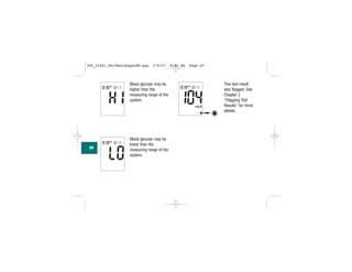 Blood glucose may be
higher than the
measuring range of the
system.
Blood glucose may be
lower than the
measuring range of the
system.
This test result
was flagged. See
Chapter 2
“Flagging Test
Results” for more
details.
60
306_33481_PerfManLAapacEN.qxp 3/9/07 8:42 AM Page 60
 