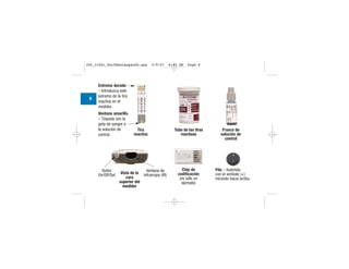 Chip de
codificación
(es sólo un
ejemplo)
Pila – Insértela
con el símbolo (+)
mirando hacia arriba.
Tubo de las tiras
reactivas
Frasco de
solución de
control
Extremo dorado
– Introduzca este
extremo de la tira
reactiva en el
medidor.
Ventana amarilla
– Tóquela con la
gota de sangre o
la solución de
control.
Tira
reactiva
Vista de la
cara
superior del
medidor
Botón
On/Off/Set
Ventana de
infrarrojos (IR)
8
306_33481_PerfManLAapacES.qxp 3/9/07 8:43 AM Page 8
 