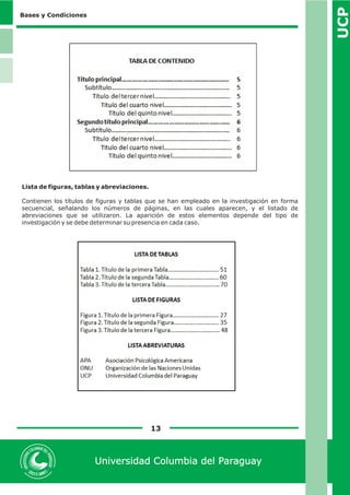 UCP 
13 
Universidad Columbia del Paraguay 
Bases y Condiciones 
Lista de figuras, tablas y abreviaciones. 
Contienen los títulos de figuras y tablas que se han empleado en la investigación en forma 
secuencial, señalando los números de páginas, en las cuales aparecen, y el listado de 
abreviaciones que se utilizaron. La aparición de estos elementos depende del tipo de 
investigación y se debe determinar su presencia en cada caso. 
 