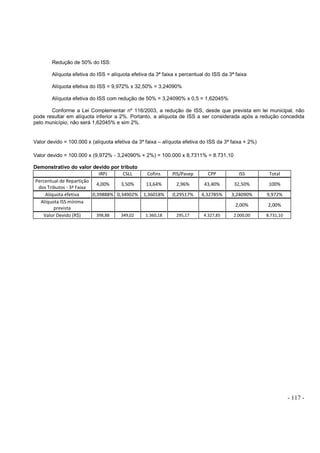 - 117 -
Redução de 50% do ISS:
Alíquota efetiva do ISS = alíquota efetiva da 3ª faixa x percentual do ISS da 3ª faixa
Alíquota efetiva do ISS = 9,972% x 32,50% = 3,24090%
Alíquota efetiva do ISS com redução de 50% = 3,24090% x 0,5 = 1,62045%
Conforme a Lei Complementar nº 116/2003, a redução de ISS, desde que prevista em lei municipal, não
pode resultar em alíquota inferior a 2%. Portanto, a alíquota de ISS a ser considerada após a redução concedida
pelo município, não será 1,62045% e sim 2%.
Valor devido = 100.000 x (alíquota efetiva da 3ª faixa – alíquota efetiva do ISS da 3ª faixa + 2%)
Valor devido = 100.000 x (9,972% - 3,24090% + 2%) = 100.000 x 8,7311% = 8.731,10
Demonstrativo do valor devido por tributo
IRPJ CSLL Cofins PIS/Pasep CPP ISS Total
Percentual de Repartição
dos Tributos - 3ª Faixa
4,00% 3,50% 13,64% 2,96% 43,40% 32,50% 100%
Alíquota efetiva 0,39888% 0,34902% 1,36018% 0,29517% 4,32785% 3,24090% 9,972%
Alíquota ISS mínima
prevista
2,00% 2,00%
Valor Devido (R$) 398,88 349,02 1.360,18 295,17 4.327,85 2.000,00 8.731,10
 