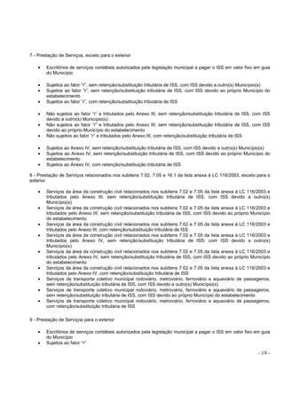 - 19 -
7 - Prestação de Serviços, exceto para o exterior
• Escritórios de serviços contábeis autorizados pela legislação municipal a pagar o ISS em valor fixo em guia
do Município
• Sujeitos ao fator “r”, sem retenção/substituição tributária de ISS, com ISS devido a outro(s) Município(s)
• Sujeitos ao fator “r”, sem retenção/substituição tributária de ISS, com ISS devido ao próprio Município do
estabelecimento
• Sujeitos ao fator “r”, com retenção/substituição tributária de ISS
• Não sujeitos ao fator “r” e tributados pelo Anexo III, sem retenção/substituição tributária de ISS, com ISS
devido a outro(s) Município(s)
• Não sujeitos ao fator “r” e tributados pelo Anexo III, sem retenção/substituição tributária de ISS, com ISS
devido ao próprio Município do estabelecimento
• Não sujeitos ao fator “r” e tributados pelo Anexo III, com retenção/substituição tributária de ISS
• Sujeitos ao Anexo IV, sem retenção/substituição tributária de ISS, com ISS devido a outro(s) Município(s)
• Sujeitos ao Anexo IV, sem retenção/substituição tributária de ISS, com ISS devido ao próprio Município do
estabelecimento
• Sujeitos ao Anexo IV, com retenção/substituição tributária de ISS
8 - Prestação de Serviços relacionados nos subitens 7.02, 7.05 e 16.1 da lista anexa à LC 116/2003, exceto para o
exterior
• Serviços da área da construção civil relacionados nos subitens 7.02 e 7.05 da lista anexa à LC 116/2003 e
tributados pelo Anexo III, sem retenção/substituição tributária de ISS, com ISS devido a outro(s)
Município(s)
• Serviços da área da construção civil relacionados nos subitens 7.02 e 7.05 da lista anexa à LC 116/2003 e
tributados pelo Anexo III, sem retenção/substituição tributária de ISS, com ISS devido ao próprio Município
do estabelecimento
• Serviços da área da construção civil relacionados nos subitens 7.02 e 7.05 da lista anexa à LC 116/2003 e
tributados pelo Anexo III, com retenção/substituição tributária de ISS
• Serviços da área da construção civil relacionados nos subitens 7.02 e 7.05 da lista anexa à LC 116/2003 e
tributados pelo Anexo IV, sem retenção/substituição tributária de ISS, com ISS devido a outro(s)
Município(s)
• Serviços da área da construção civil relacionados nos subitens 7.02 e 7.05 da lista anexa à LC 116/2003 e
tributados pelo Anexo IV, sem retenção/substituição tributária de ISS, com ISS devido ao próprio Município
do estabelecimento
• Serviços da área da construção civil relacionados nos subitens 7.02 e 7.05 da lista anexa à LC 116/2003 e
tributados pelo Anexo IV, com retenção/substituição tributária de ISS
• Serviços de transporte coletivo municipal rodoviário, metroviário, ferroviário e aquaviário de passageiros,
sem retenção/substituição tributária de ISS, com ISS devido a outro(s) Município(s)
• Serviços de transporte coletivo municipal rodoviário, metroviário, ferroviário e aquaviário de passageiros,
sem retenção/substituição tributária de ISS, com ISS devido ao próprio Município do estabelecimento
• Serviços de transporte coletivo municipal rodoviário, metroviário, ferroviário e aquaviário de passageiros,
com retenção/substituição tributária de ISS
9 - Prestação de Serviços para o exterior
• Escritórios de serviços contábeis autorizados pela legislação municipal a pagar o ISS em valor fixo em guia
do Município
• Sujeitos ao fator “r”
 