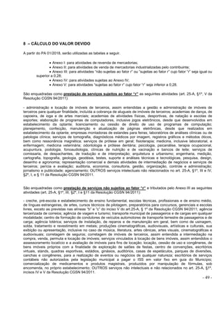 - 49 -
8 – CÁLCULO DO VALOR DEVIDO
A partir do PA 01/2018, serão utilizadas as tabelas a seguir.
• Anexo I: para atividades de revenda de mercadorias;
• Anexo II: para atividades de venda de mercadorias industrializadas pelo contribuinte;
• Anexo III: para atividades “não sujeitas ao fator r” ou “sujeitas ao fator r” cujo fator “r” seja igual ou
superior a 0,28;
• Anexo IV: para atividades sujeitas ao Anexo IV;
• Anexo V: para atividades “sujeitas ao fator r” cujo fator “r” seja inferior a 0,28.
São enquadradas como prestação de serviços sujeitos ao fator “r” as seguintes atividades (art. 25-A, §1º, V da
Resolução CGSN 94/2011):
- administração e locação de imóveis de terceiros, assim entendidas a gestão e administração de imóveis de
terceiros para qualquer finalidade, incluída a cobrança de alugueis de imóveis de terceiros; academias de dança, de
capoeira, de ioga e de artes marciais; academias de atividades físicas, desportivas, de natação e escolas de
esportes; elaboração de programas de computadores, inclusive jogos eletrônicos, desde que desenvolvidos em
estabelecimento da optante; licenciamento ou cessão de direito de uso de programas de computação;
planejamento, confecção, manutenção e atualização de páginas eletrônicas, desde que realizados em
estabelecimento da optante; empresas montadoras de estandes para feiras; laboratórios de análises clínicas ou de
patologia clínica; serviços de tomografia, diagnósticos médicos por imagem, registros gráficos e métodos óticos,
bem como ressonância magnética; serviços de prótese em geral; fisioterapia; medicina, inclusive laboratorial, e
enfermagem; medicina veterinária; odontologia e prótese dentária; psicologia, psicanálise, terapia ocupacional,
acupuntura, podologia, fonoaudiologia, clínicas de nutrição e de vacinação e bancos de leite; serviços de
comissaria, de despachantes, de tradução e de interpretação; arquitetura e urbanismo; engenharia, medição,
cartografia, topografia, geologia, geodésia, testes, suporte e análises técnicas e tecnológicas, pesquisa, design,
desenho e agronomia; representação comercial e demais atividades de intermediação de negócios e serviços de
terceiros; perícia e avaliação; auditoria, economia, consultoria, gestão, organização, controle e administração;
jornalismo e publicidade; agenciamento; OUTROS serviços intelectuais não relacionados no art. 25-A, §1º, III e IV,
§2º, I, e § 11 da Resolução CGSN 94/2011.
São enquadradas como prestação de serviços não sujeitos ao fator “r” e tributados pelo Anexo III as seguintes
atividades (art. 25-A, §1º, III, §2º, I e §11 da Resolução CGSN 94/2011):
- creche, pré-escola e estabelecimento de ensino fundamental, escolas técnicas, profissionais e de ensino médio,
de línguas estrangeiras, de artes, cursos técnicos de pilotagem, preparatórios para concursos, gerenciais e escolas
livres, exceto as previstas nas alíneas “b” e “c” do inciso V do art.25-A, § 1º da Resolução CGSN 94/2011; agência
terceirizada de correios; agência de viagem e turismo; transporte municipal de passageiros e de cargas em qualquer
modalidade; centro de formação de condutores de veículos automotores de transporte terrestre de passageiros e de
carga; agência lotérica; serviços de instalação, de reparos e de manutenção em geral, bem como de usinagem,
solda, tratamento e revestimento em metais; produções cinematográficas, audiovisuais, artísticas e culturais, sua
exibição ou apresentação, inclusive no caso de música, literatura, artes cênicas, artes visuais, cinematográficas e
audiovisuais; corretagem de seguros; corretagem de imóveis de terceiros, assim entendida a intermediação na
compra, venda, permuta e locação de imóveis; serviços vinculados à locação de bens imóveis, assim entendidos o
assessoramento locatício e a avaliação de imóveis para fins de locação; locação, cessão de uso e congêneres, de
bens imóveis próprios com a finalidade de exploração de salões de festas, centro de convenções, escritórios
virtuais, stands, quadras esportivas, estádios, ginásios, auditórios, casas de espetáculos, parques de diversões,
canchas e congêneres, para a realização de eventos ou negócios de qualquer natureza; escritórios de serviços
contábeis não autorizados pela legislação municipal a pagar o ISS em valor fixo em guia do Município;
comercialização de medicamentos e produtos magistrais, produzidos por manipulação de fórmulas, sob
encomenda, no próprio estabelecimento; OUTROS serviços não intelectuais e não relacionados no art. 25-A, §1º,
incisos IV e V da Resolução CGSN 94/2011.
 